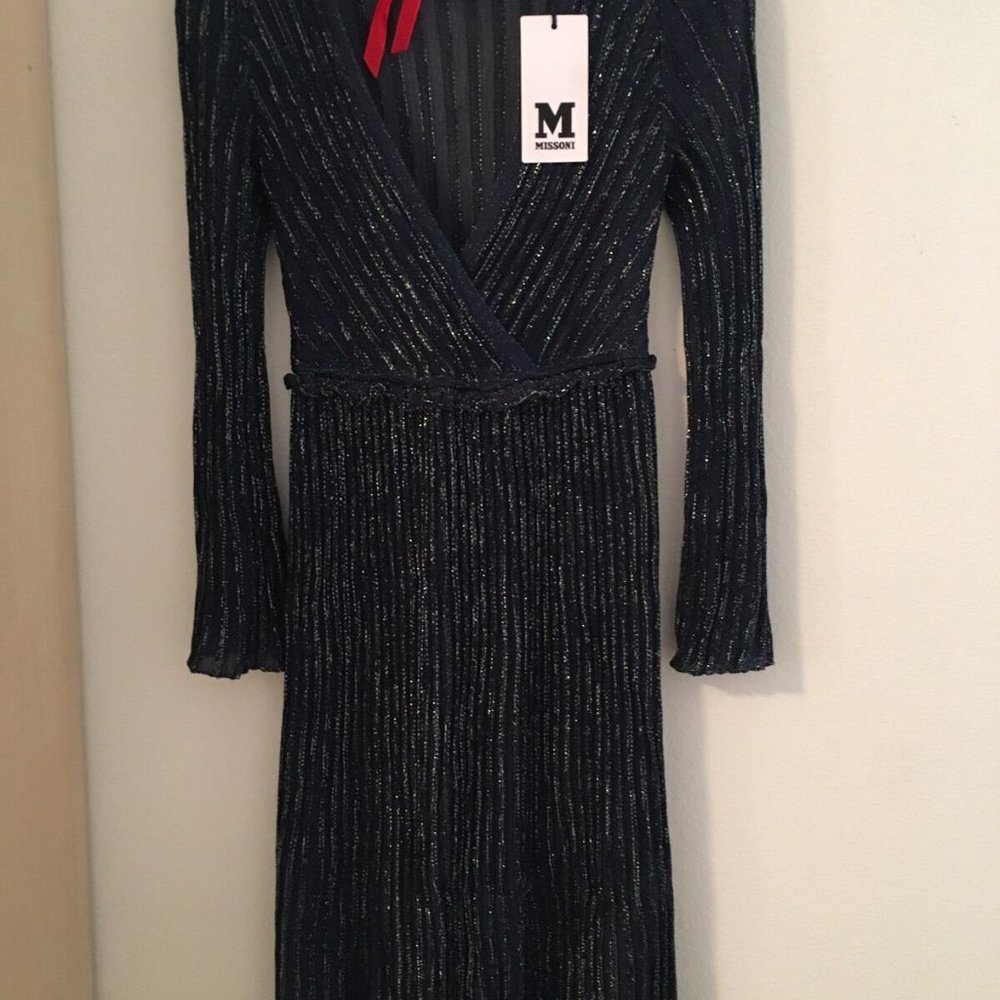 M MISSONI 100% Authentic $995 Brand New Dress W/tags Size 42 Metallic Navy ITALY